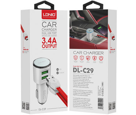 Incarcator Auto cu cablu USB Tip-C Ldnio DL-C29, 2 X USB, 3.4A, Alb