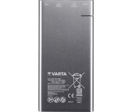 Baterie Externa Powerbank Varta Slim, 6000 mA, 1 x USB - 1 x USB Type-C, Argintie