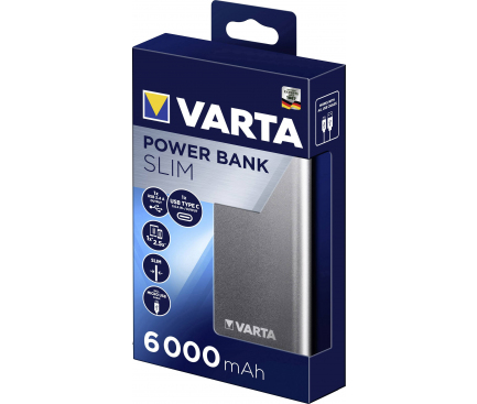 Baterie Externa Powerbank Varta Slim, 6000 mA, 1 x USB - 1 x USB Type-C, Argintie