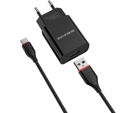 Incarcator Retea cu cablu USB Tip-C Borofone BA20A, Smart ID, 2.1A, 1 X USB, Negru, Blister 