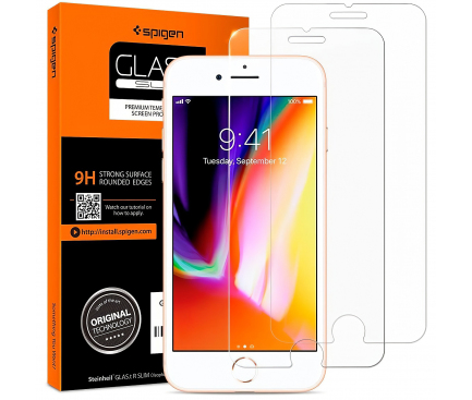 Folie Protectie Ecran Spigen pentru Apple iPhone 7 / Apple iPhone 8 / Apple iPhone SE (2020), Sticla securizata, 9H, Set 2 buc, Blister  042GL20800