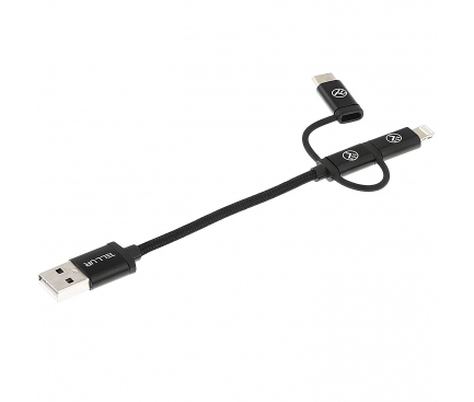 Cablu Date si Incarcare USB - Lightning / USB Type-C / MicroUSB Tellur Braid 3in1, 0.1 m, Negru TLL155343