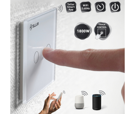 Intrerupator Tellur Smart Switch, WiFi, 2 Porturi, Control Tactil, 1800W, 10A, Alb TLL331051