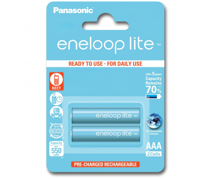 Baterie Panasonic Eneloop Lite, AAA / LR3 / 1.2V, Set 2 Bucati, Reincarcabila, 550mAh