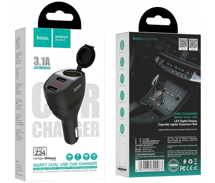 Incarcator Auto USB HOCO Z34 Thunder Power, 3.1A, cu afisaj LED si extensie bricheta auto, 2 X USB, Negru, Blister 