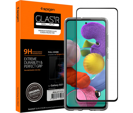 Folie Protectie Ecran Spigen pentru Samsung Galaxy A51 A515, Sticla securizata, Full Face, Full Glue, 9H, Neagra, Blister AGL01131 