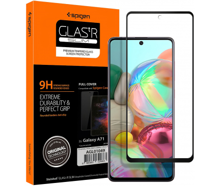 Folie Protectie Ecran Spigen pentru Samsung Galaxy A71 A715, Sticla securizata, Full Face, Full Glue, 9H, Neagra, Blister AGL01049 