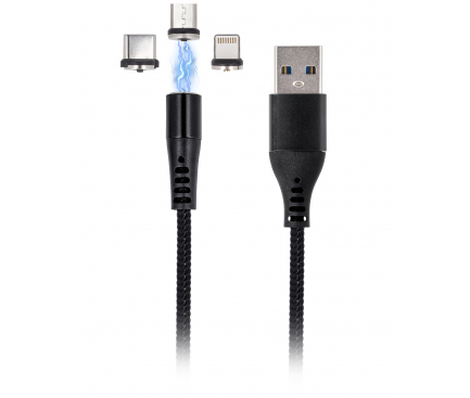 Cablu Incarcare USB - Lightning / USB Type-C / MicroUSB MaXlife Magnetic MXUC-02, 3A, 1 m, Negru
