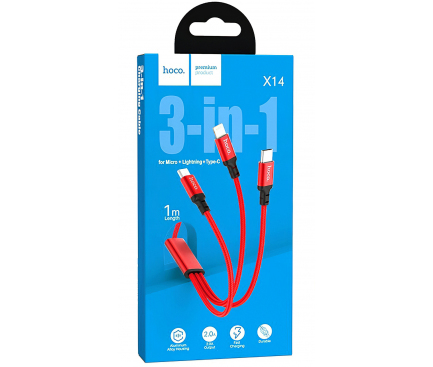 Cablu Incarcare USB - Lightning / USB Type-C / MicroUSB HOCO X14 TIMES, 1 m, Rosu