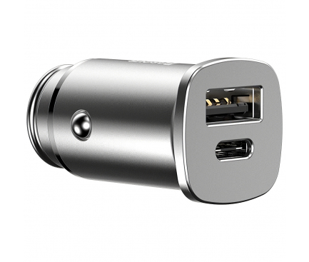 Incarcator Auto USB Baseus Square QC 4.0, 1 X USB - 1 X USB Tip-C, Argintiu, Blister CCALL-AS0S 