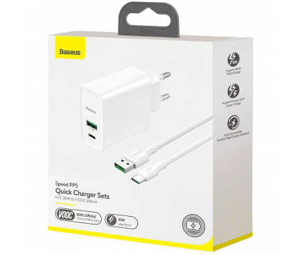 Incarcator Retea cu cablu USB Tip-C Baseus BS-EU905O, 1 X USB - 1 X USB Tip-C, 30W, Quick Charge - Power Delivery, Alb TZCCFS-H02