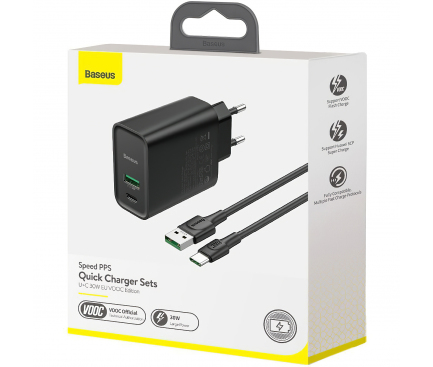 Incarcator Retea cu cablu USB Tip-C Baseus BS-EU905O, 1 X USB - 1 X USB Tip-C, 30W, Quick Charge - Power Delivery, Negru TZCCFS-H01