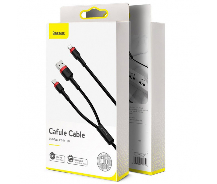 Cablu Date si Incarcare USB Type-C - USB / Lightning Baseus Cafule,18W, 1.2 m, Rosu CATKLF-EL91