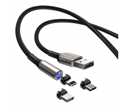 Cablu Incarcare USB - Lightning / USB Type-C / MicroUSB Baseus Zinc magnetic 2A, 2 m, Negru, Blister TZCAXC-G01 