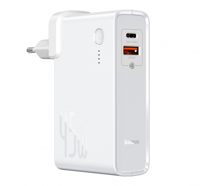 Incarcator Retea cu cablu USB Tip-C Baseus GaN, 1 X USB - 1 X USB Tip-C, 45W, Powerbank (10000 mAh), Quick Charge - Power Delivery, Alb PPNLD-C02