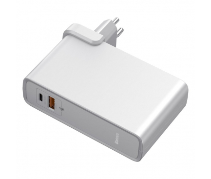 Incarcator Retea cu cablu USB Tip-C Baseus GaN, 1 X USB - 1 X USB Tip-C, 45W, Powerbank (10000 mAh), Quick Charge - Power Delivery, Alb PPNLD-C02