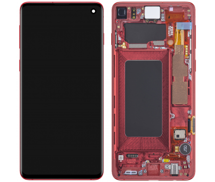 Display - Touchscreen Samsung Galaxy S10 G973, Cu Rama, Rosu (Cardinal Red), Service Pack GH82-18850H