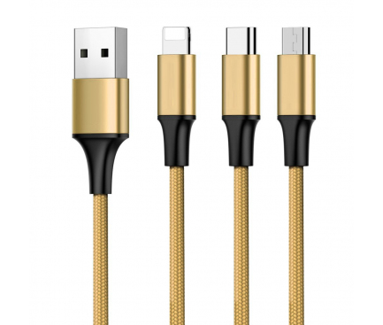 Cablu Incarcare USB - Lightning / USB Type-C / MicroUSB OEM, Textil, 1m, Auriu