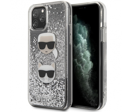 Husa TPU Karl Lagerfeld Glitter Karl & Choupette pentru Apple iPhone 11 Pro Max, Argintie KLHCN65KCGLSL