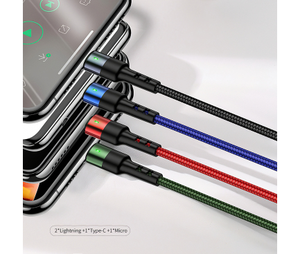 Cablu Incarcare USB - 2 x Lightning / USB Type-C / MicroUSB Usams U26, 2A, 3 m, Multicolor SJ413USB01