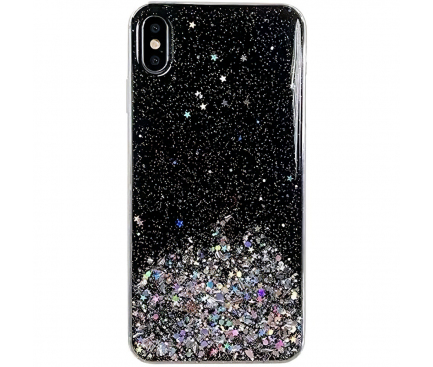 Husa TPU WZK Star Glitter Shining pentru Samsung Galaxy A20e, Neagra, Blister 