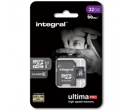 Card Memorie MicroSDHC Integral Ultima PRO, 32Gb, Clasa 10, UHS-I, 90 MB/s, cu adaptor, Blister INMSDH32G10-90U1 