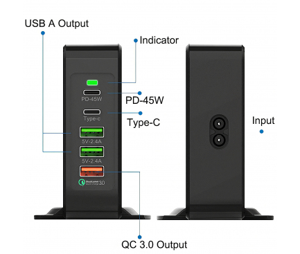 Incarcator Retea Statie USB OEM F88, 2 x USB Tip-C - 3 x USB, QC3.0, Negru, Blister 