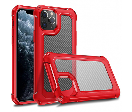 Husa Plastic - TPU OEM Carbon Tough Armor pentru Apple iPhone 11 Pro, Rosie Transparenta