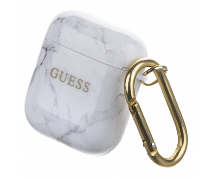 Husa Protectie Casti Guess Marble pentru Apple AirPods Gen 1 / Apple AirPods Gen 2, Alba GUACA2TPUMAWH