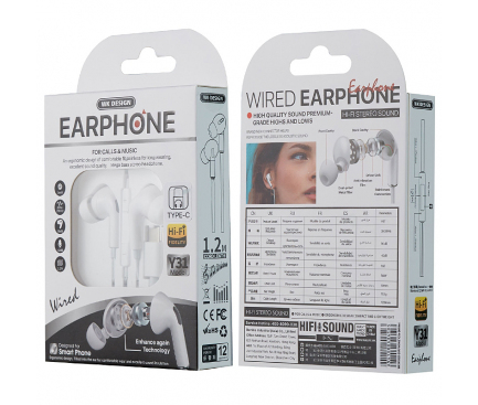 Handsfree Casti In-Ear WK-Design Y31, Cu microfon, USB Type-C, Alb