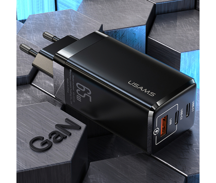 Incarcator Retea USB Usams Gan Mini, 1 X USB - 2 x USB Tip-C, 65W, Quick Charge - Power Delivery, Negru CC110TC01