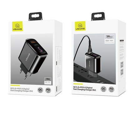 Incarcator Retea USB Usams T23, 1 X USB - 1 X USB Tip-C, 18W, 3.2A, QC3.0+PD3.0, Negru, Blister CC85TC01 