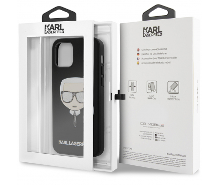 Husa TPU Karl Lagerfeld Ikonik Glitter Karl's Head pentru Apple iPhone 12 mini, Neagra KLHCP12SGLBK