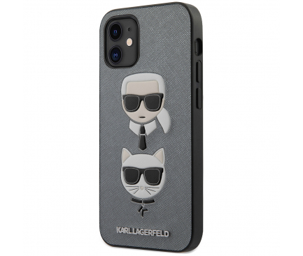 Husa Karl Lagerfeld Saffiano K&C Heads pentru Apple iPhone 12 mini, Argintie KLHCP12SSAKICKCSL
