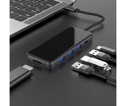 Hub USB Type-C HOCO HB15 Easy Show, 3xUSB 3.0 + HDMI + USB Type C PD, Gri