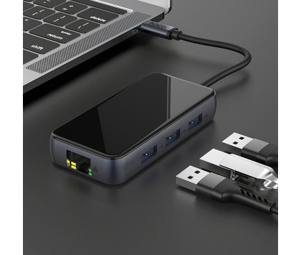 Hub USB Type-C HOCO HB16 Easy Expand, 3x USB + HDMI + USB Type C PD +RJ45, Gri