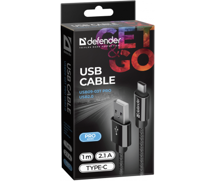 Cablu Date si Incarcare USB la USB Type-C Defender 2.1A, 1 m, Negru USB09-03T