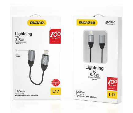 Adaptor Audio Lightning - Lightning/ 3,5 mm Dudao L17, 0.12 m, Gri, Blister 