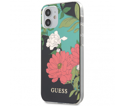 Husa Plastic - TPU Guess Flower Shiny N.1 pentru Apple iPhone 12 mini, Neagra GUHCP12SIMLFL01