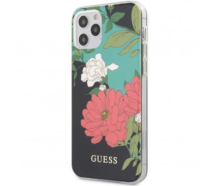 Husa Plastic - TPU Guess Flower Shiny N.1 pentru Apple iPhone 12 Pro Max, Neagra GUHCP12LIMLFL01