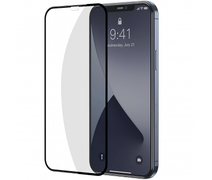 Folie Protectie Ecran Baseus pentru Apple iPhone 12 mini, Sticla securizata, Full Face, Full Glue, Set 2buc, 0.3mm, Neagra, Blister SGAPIPH54N-KA01 