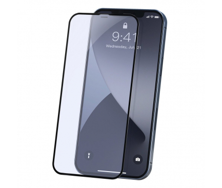Folie Protectie Ecran Baseus Anti Blue Light pentru Apple iPhone 12 mini, Sticla securizata, Full Face, Full Glue, Set 2buc, 0.23mm, Neagra SGAPIPH54N-TE01