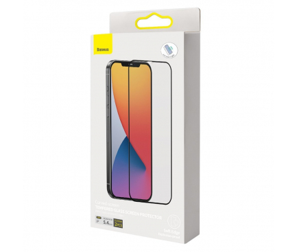 Folie Protectie Ecran Baseus Anti Blue Light pentru Apple iPhone 12 mini, Sticla securizata, Full Face, Full Glue, Set 2buc, 0.23mm, Neagra SGAPIPH54N-TE01