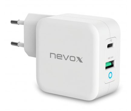 Incarcator Retea USB Nevox DualPort, 1 X USB - 1 X USB Tip-C, 65W, Quick Charge - Power Delivery, Alb