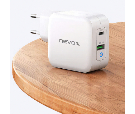 Incarcator Retea USB Nevox DualPort, 1 X USB - 1 X USB Tip-C, 65W, Quick Charge - Power Delivery, Alb