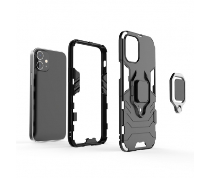 Husa Plastic - TPU OEM Ring Tough Armor Kickstand pentru Apple iPhone 12 mini, Neagra, Bulk 