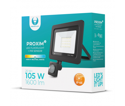 Proiector LED Forever PROXIM II 20W |4500K| PIR IP66, cu Senzori de Miscare, pentru Exterior, Neagra