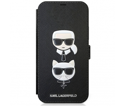 Husa pentru Apple iPhone 12 mini, Karl Lagerfeld, Saffiano K&C Heads Book, Neagra KLFLBKP12SSAKICKCBK