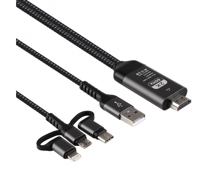Cablu Audio Si Video HDMI La MicroUSB - HDMI La USB Type-C - HDMI La Lightning - USB La HDMI OEM 3in1, 2m, Negru