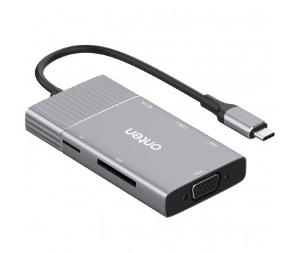 Hub USB-C Onten OT-95113, 2 x USB-A - USB-C - HDMI - VGA - SD - microSD - Jack 3.5mm, Gri